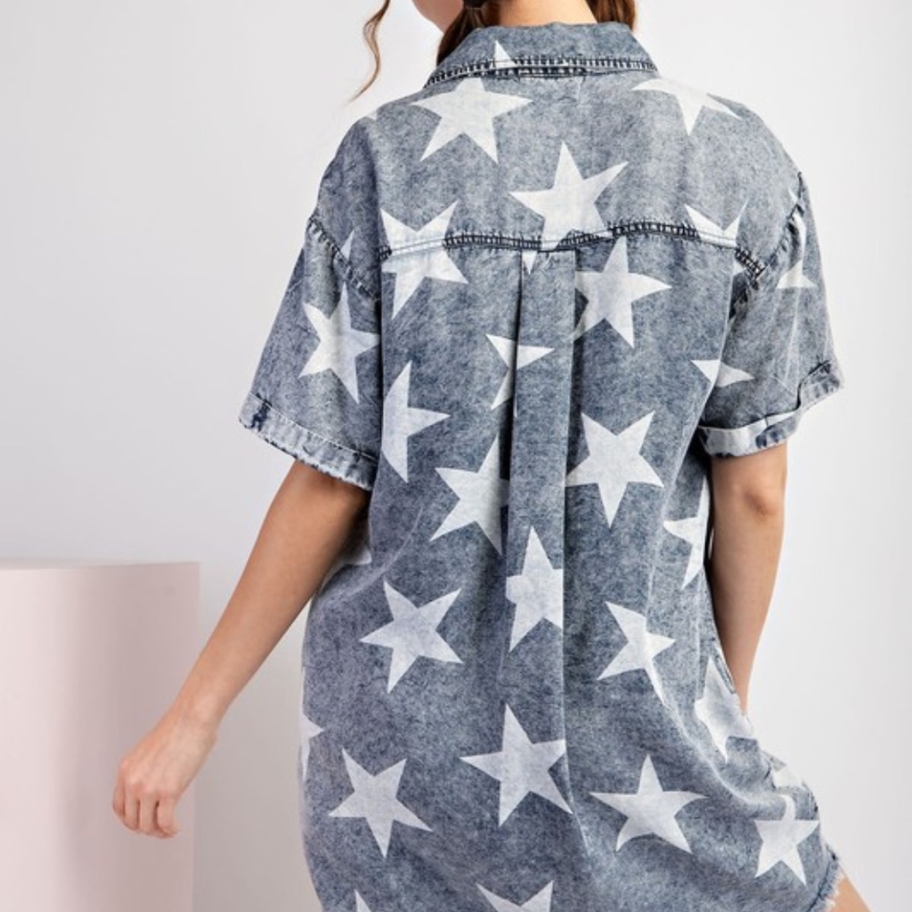 Star Print Denim Shirt Dress - Blue - Picture 6 of 12